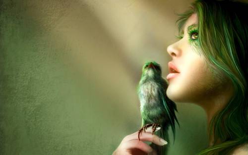 Девушка с зеленой птицей - 3D