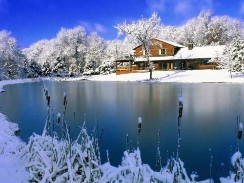 Домик в зимнем лесу у озера - Зима