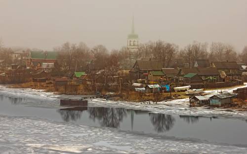 Туман, река, храм, село - Зима