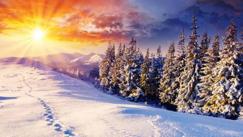 Пейзаж солнце над горами - Зима