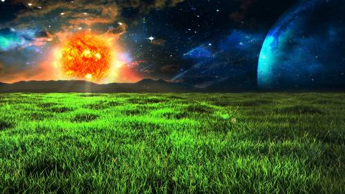 Планета, огненный шар, трава - Космос