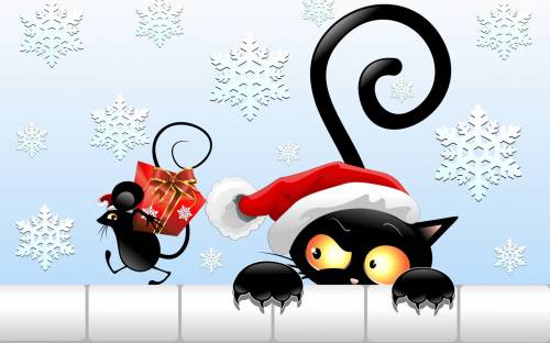 Картинка кот, мышка, подарок - Праздники