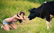Девушка, природа, корова