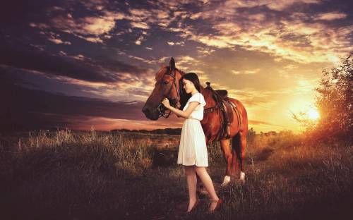 Закат, конь, девушка - Позитивные