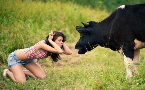 Девушка, природа, корова - Позитивные