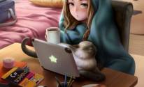 Девушка, ноутбук, кот