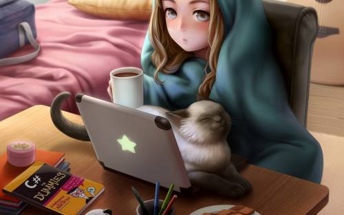 Девушка, ноутбук, кот - Аниме