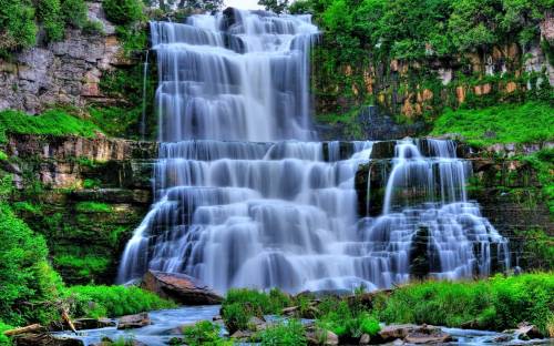 Водопад, зелень, камни - Водопады